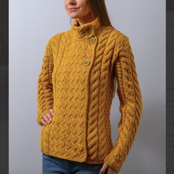 Aran Crafts Wool Trellis Cable Cardigan Mustard Yellow XS - Picture 1 of 6